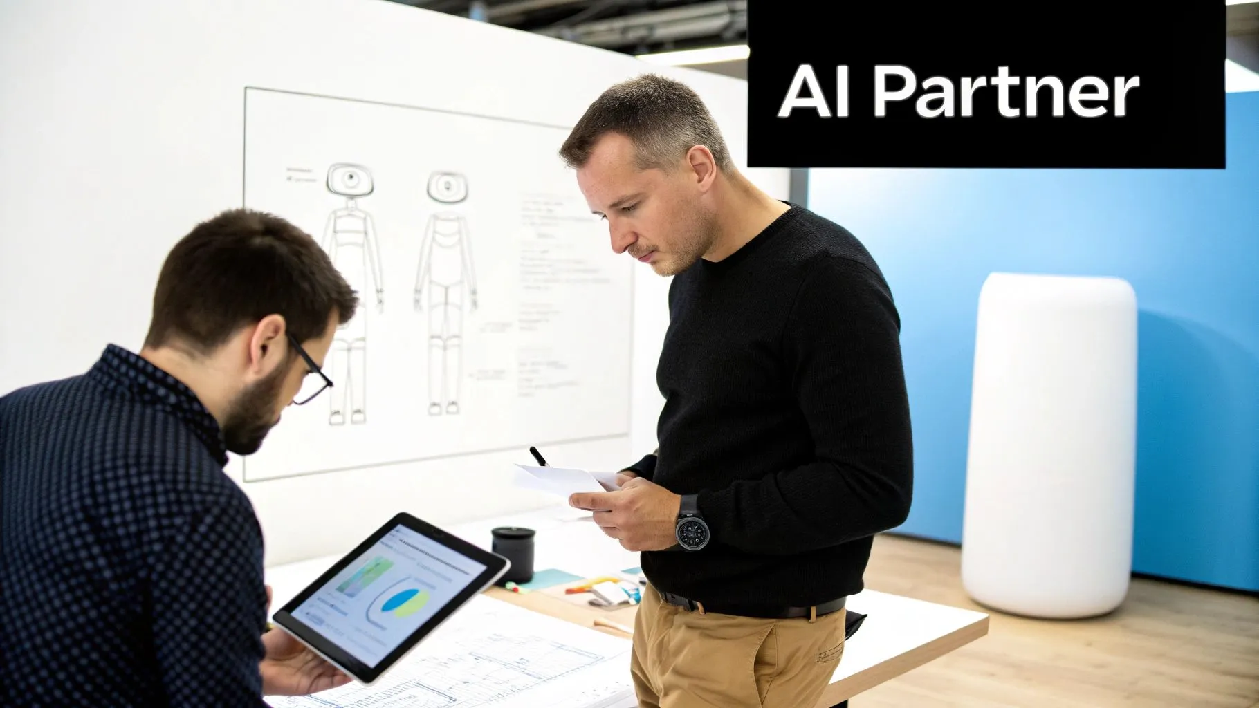 Two professionals review design sketches and digital data, collaborating on an AI project.