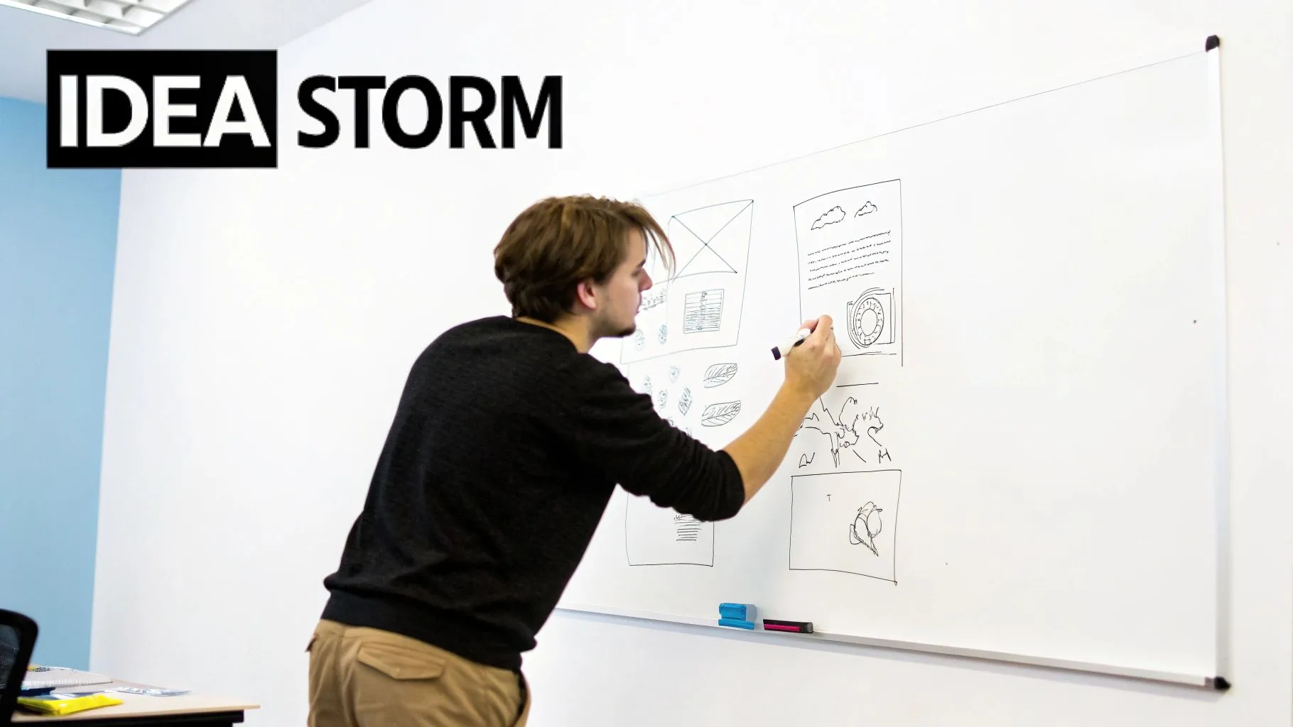 Designer drawing sketches on whiteboard during creative idea storm brainstorming session in modern office