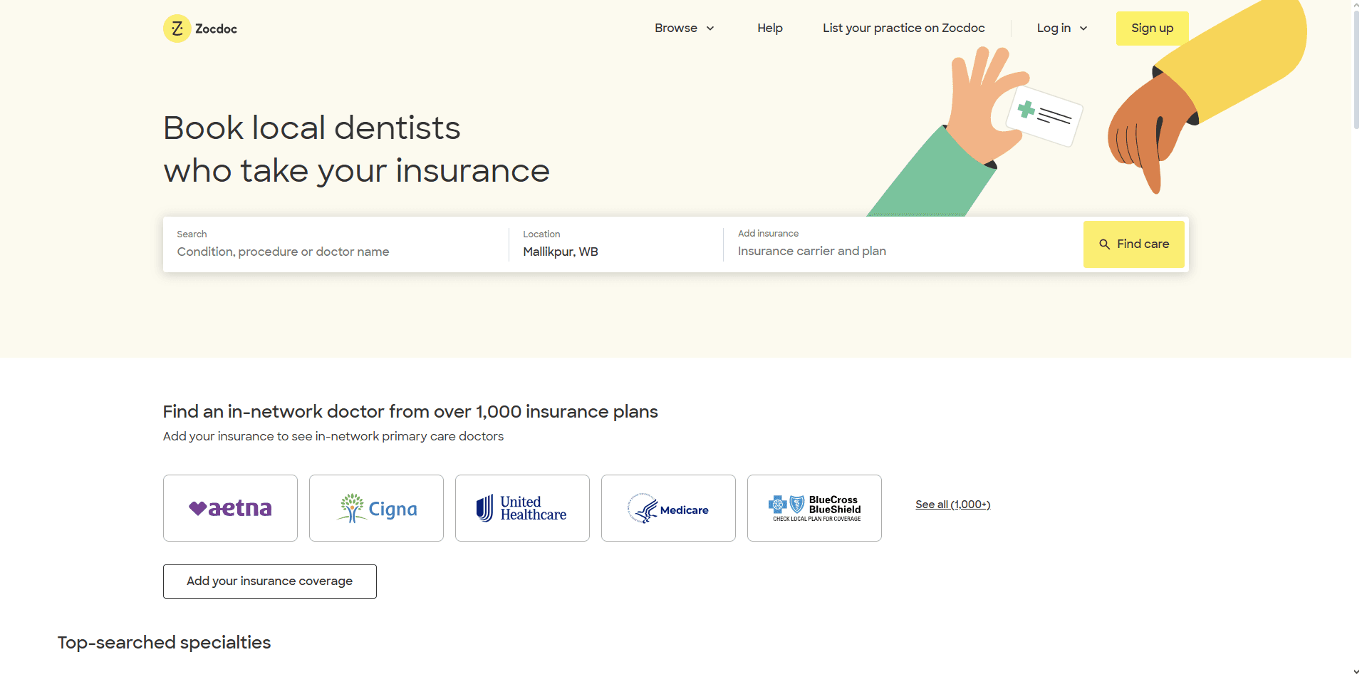 Zocdoc homepage with bright visuals, provider search bar, and simple booking interface.