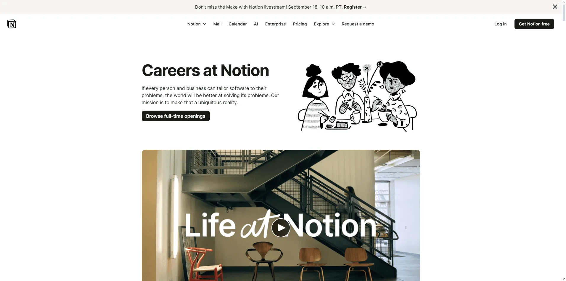 Minimalist Notion careers page featuring clear typography, authentic employee stories, and outcome-focused job descriptions.