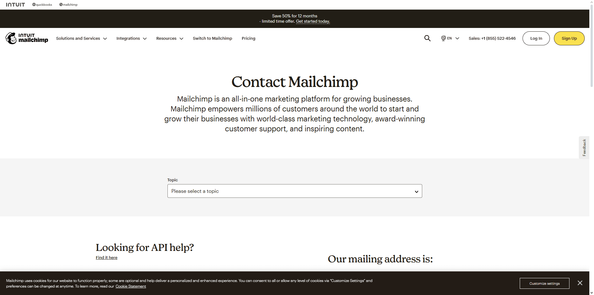 Mailchimp contact us page with playful illustrations, knowledge base, and support request form.