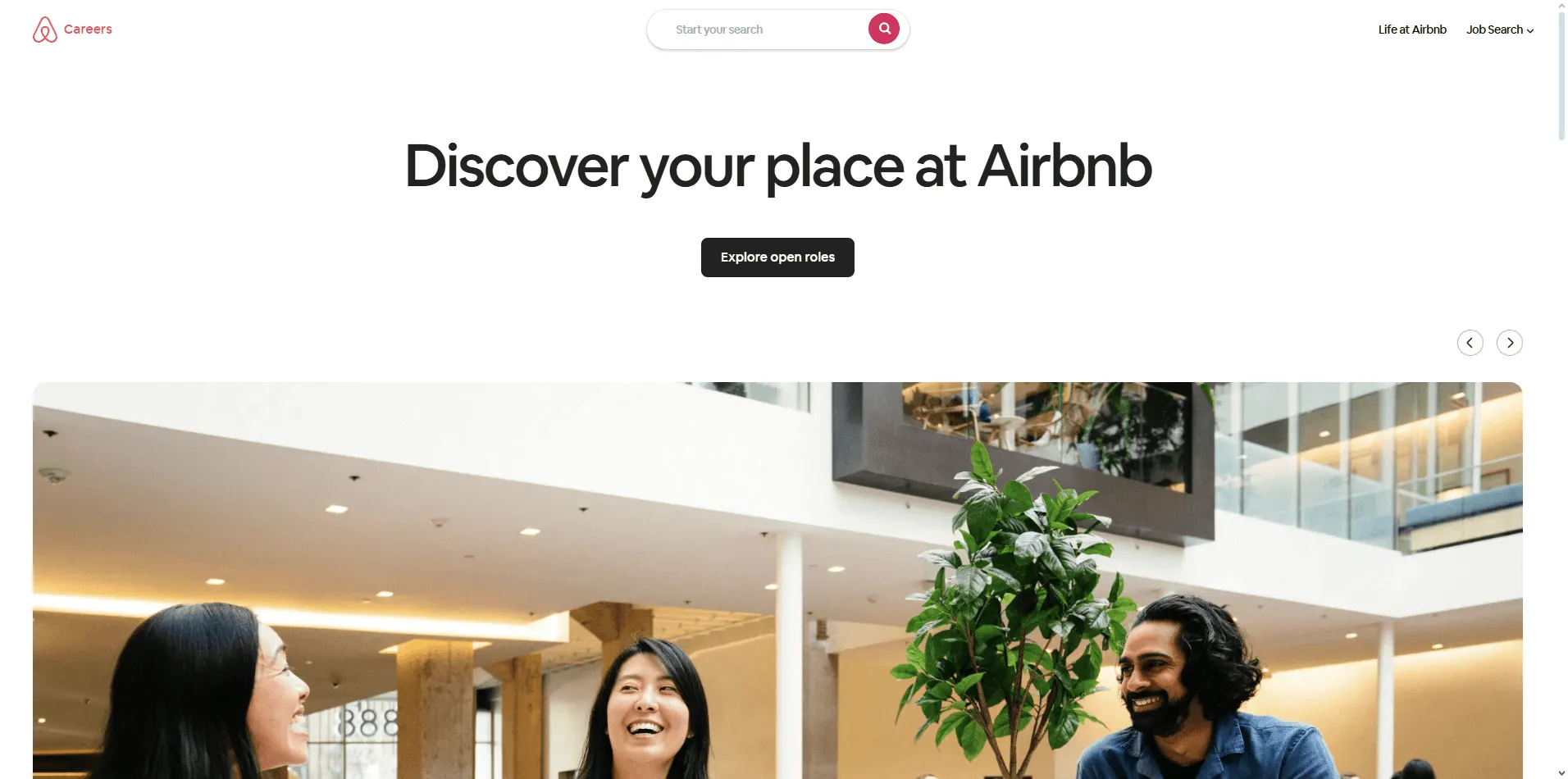 Screenshot of Airbnb careers page highlighting mission-led design with authentic employee photos and clear job search filters.