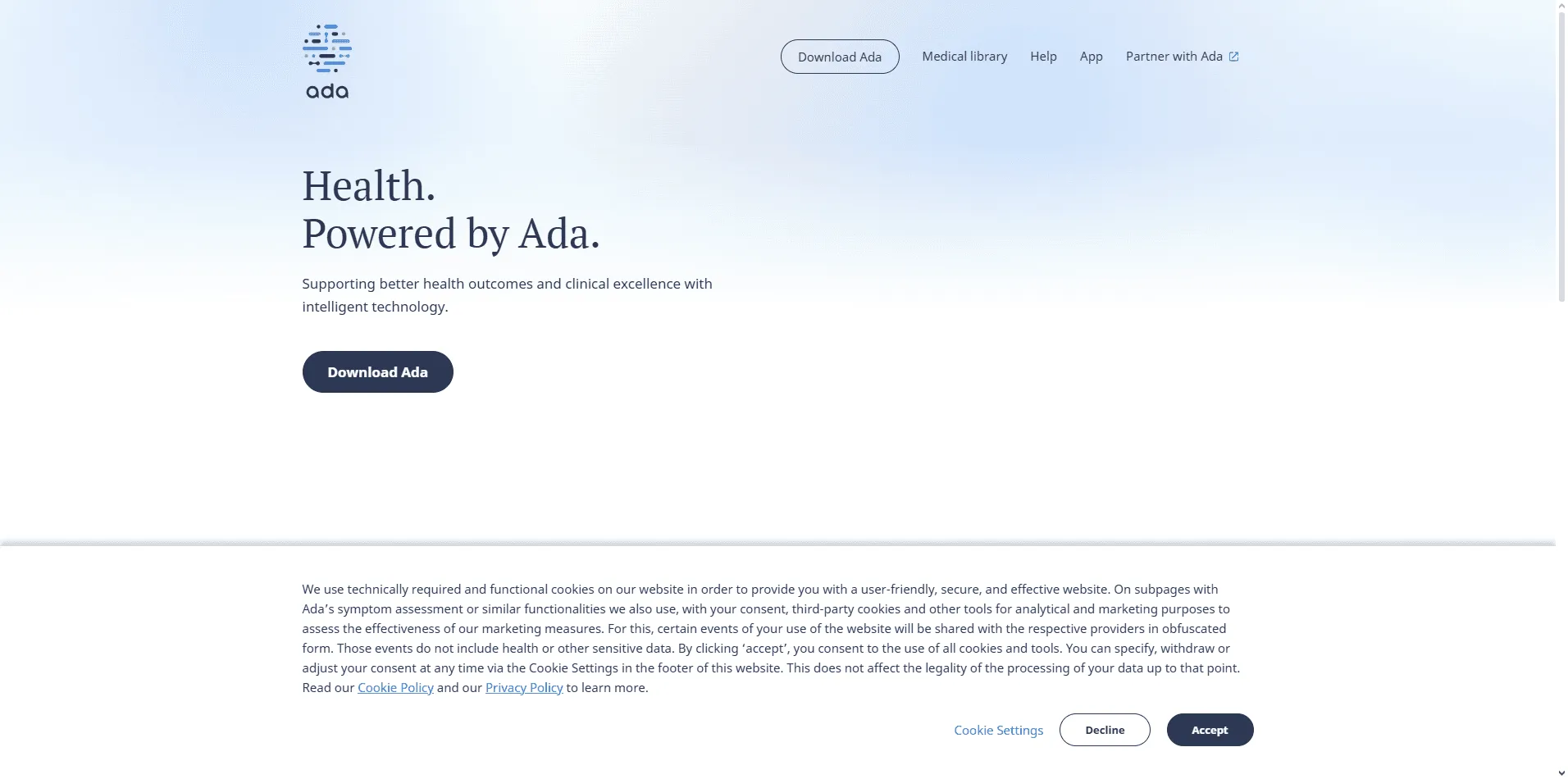  Ada Health website showing AI-powered symptom checker and patient-centric visuals.