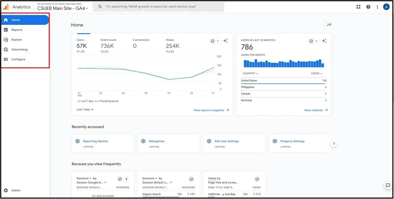 Google Analytics navigation menu using accordion UI examples for collapsible reports and tracking categories.