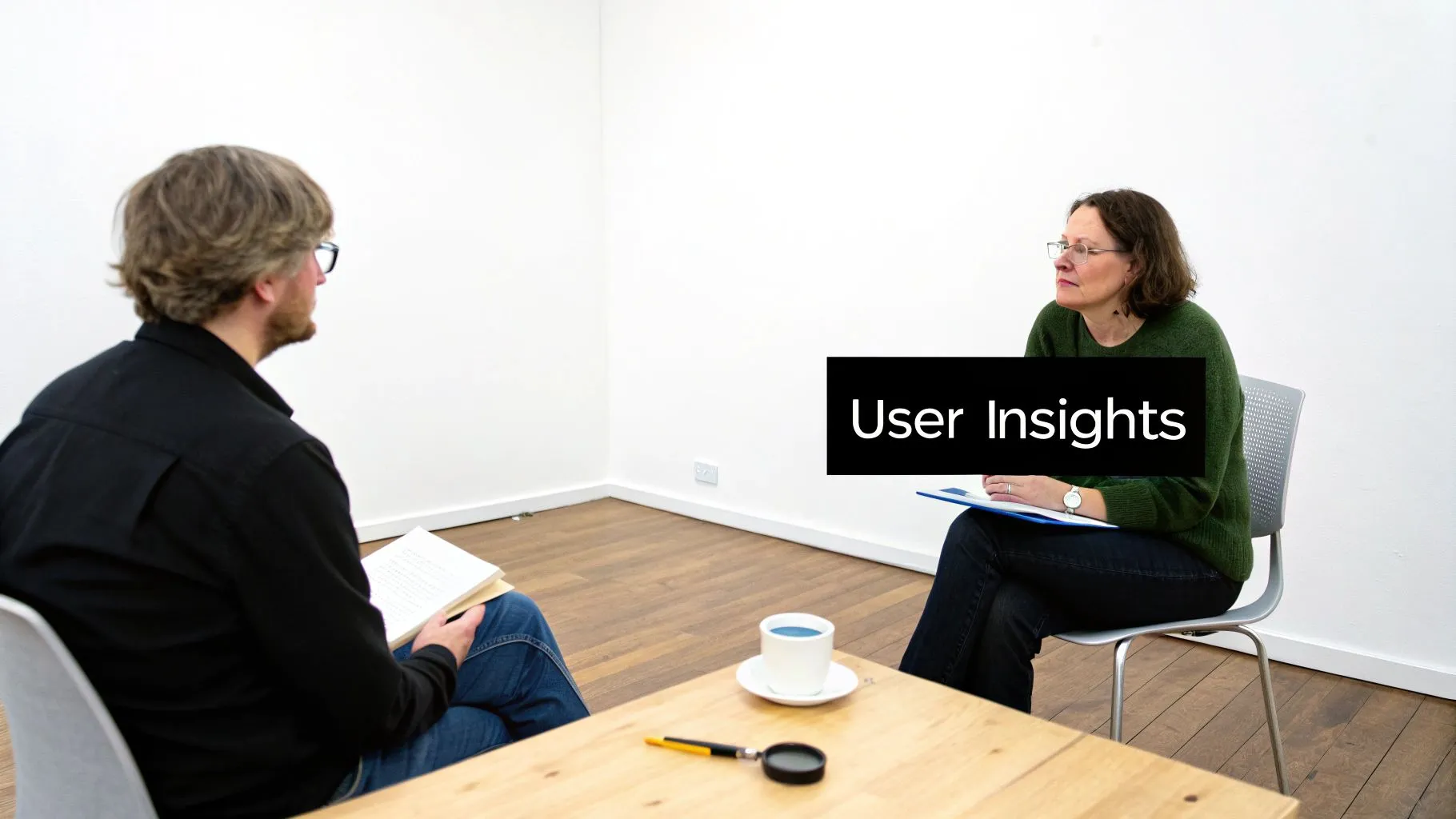 Two professionals conducting user insights interview session in minimalist office setting with notebooks