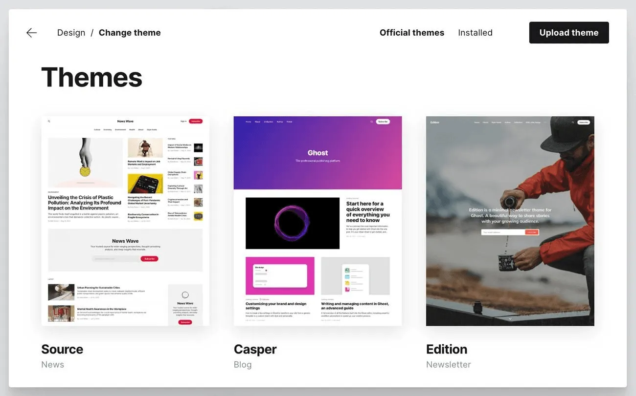 Ghost clean publishing platform website with minimalist editor and subscription features highlighted.