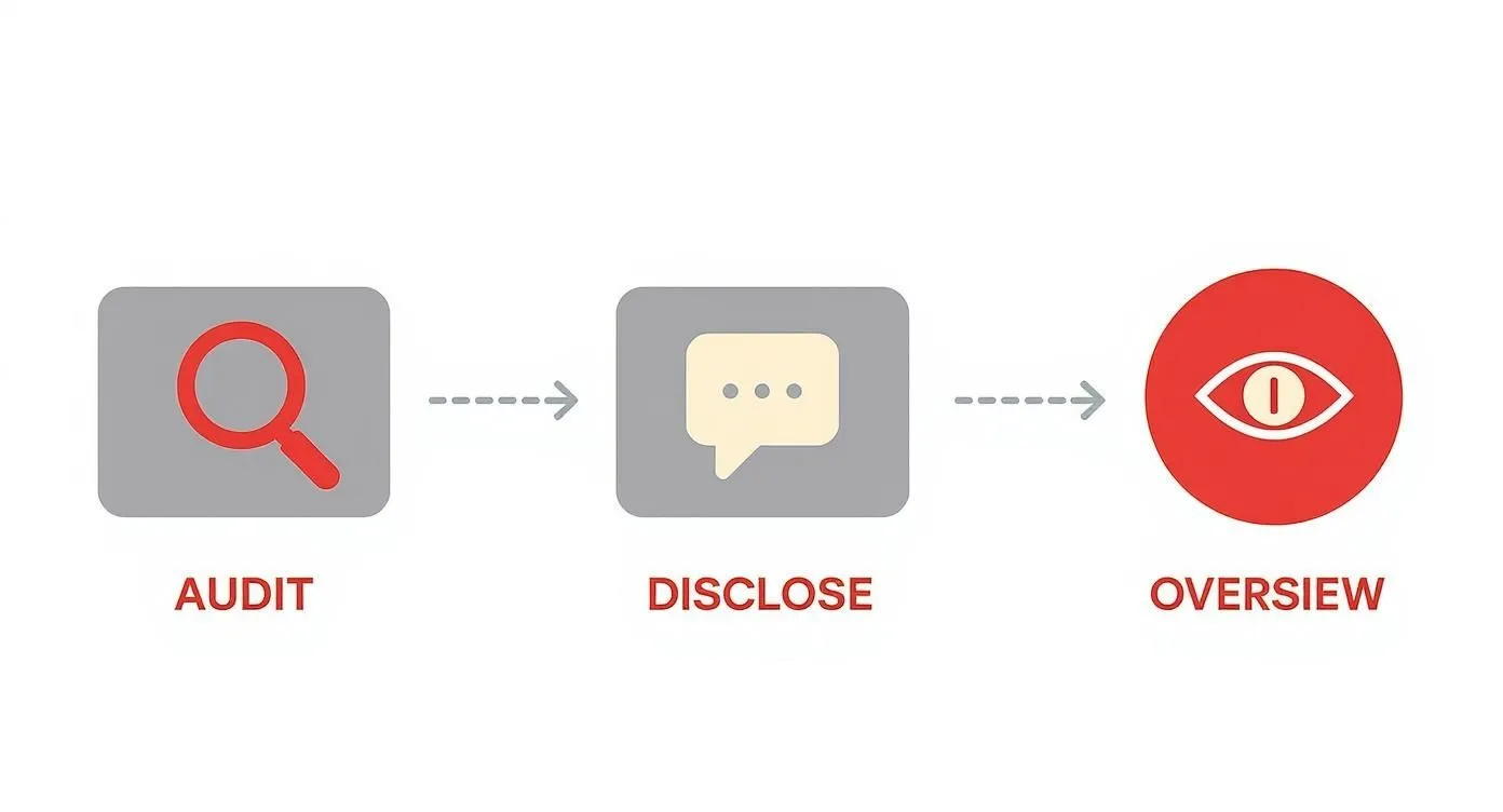 A visual process flow diagram showing three steps: audit, disclose, and overview with respective icons.