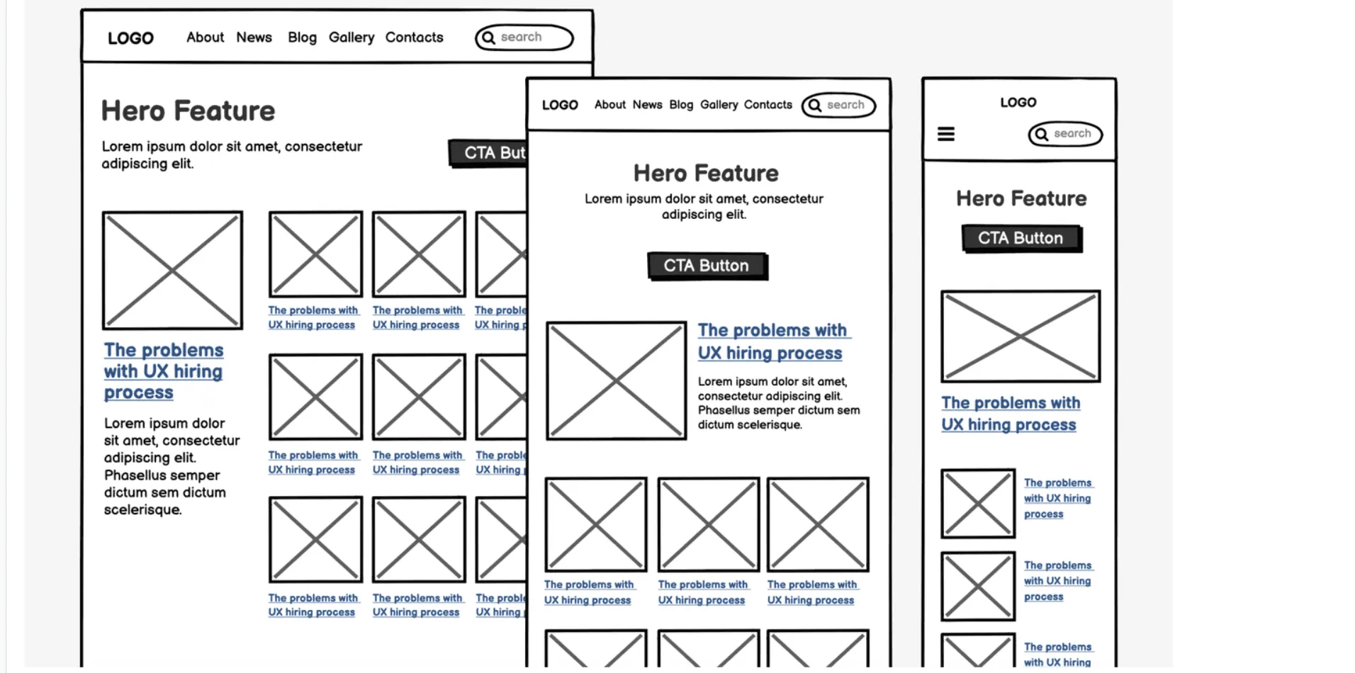Responsive wireframe layout displaying content rearrangement across desktop, tablet, and mobile breakpoints.