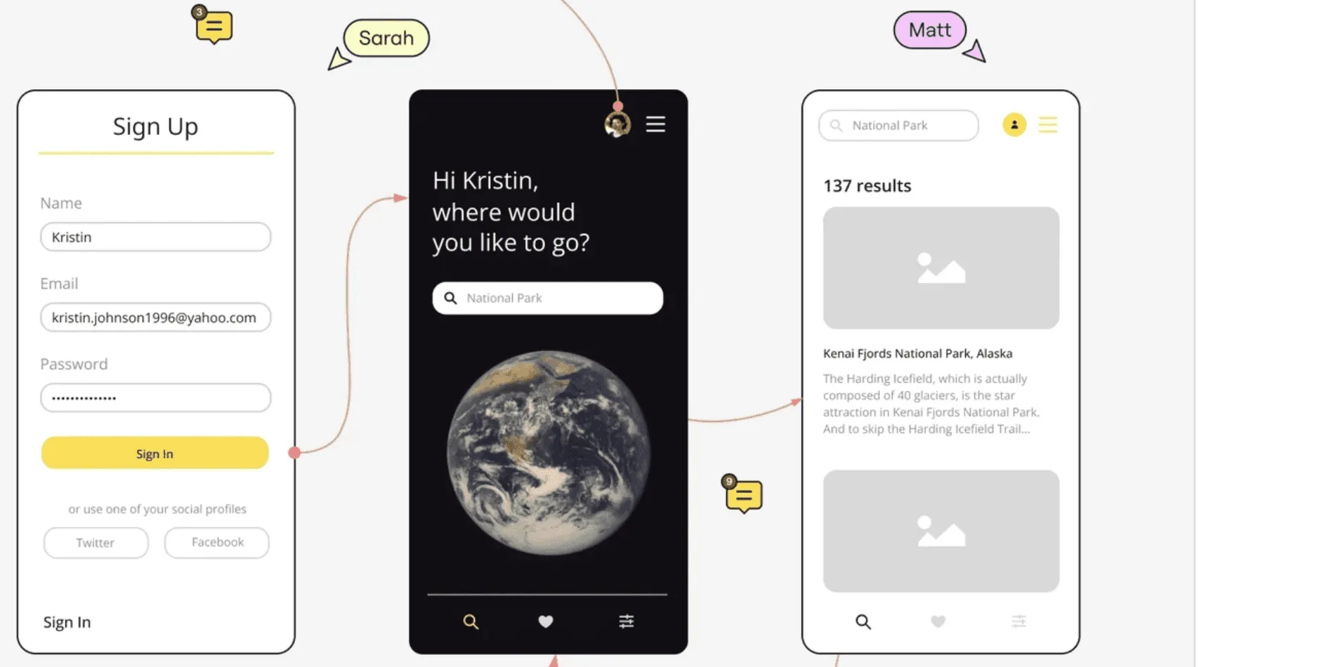 High-fidelity mobile wireframe with detailed UI components, typography, and clickable interactive elements.