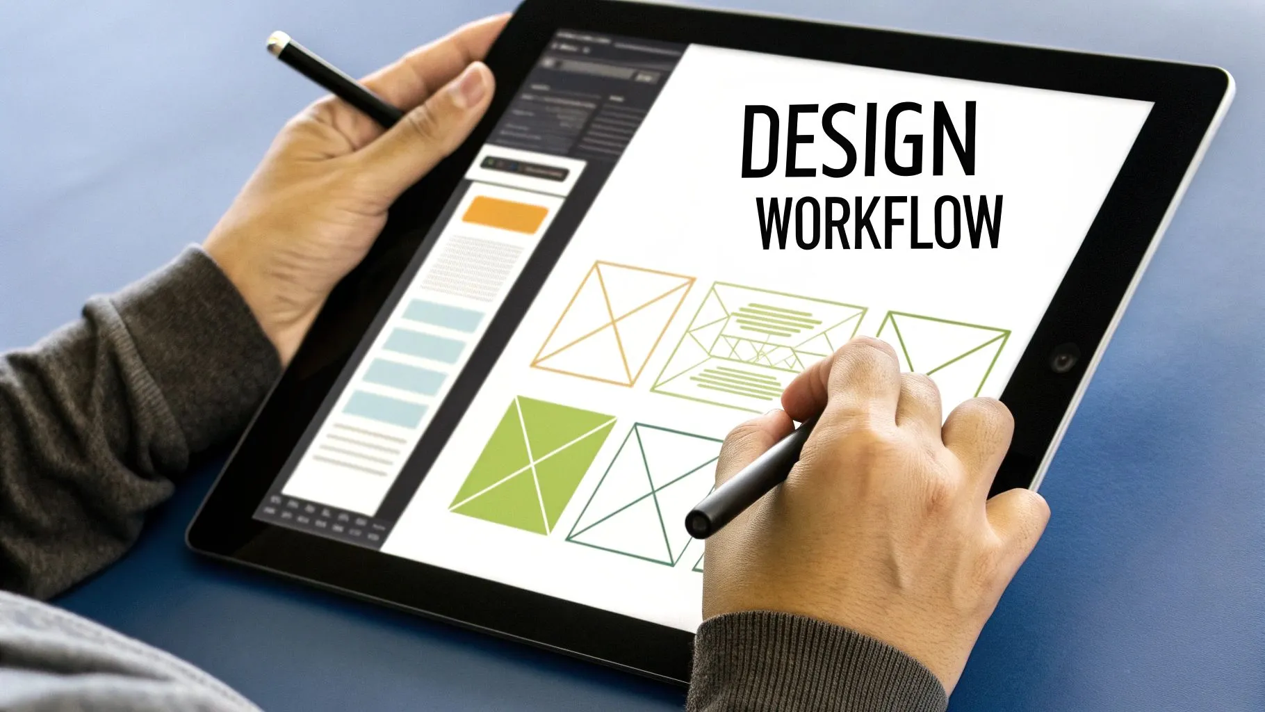 A designer using a design tool to create a detailed high fidelity wireframe on their computer.