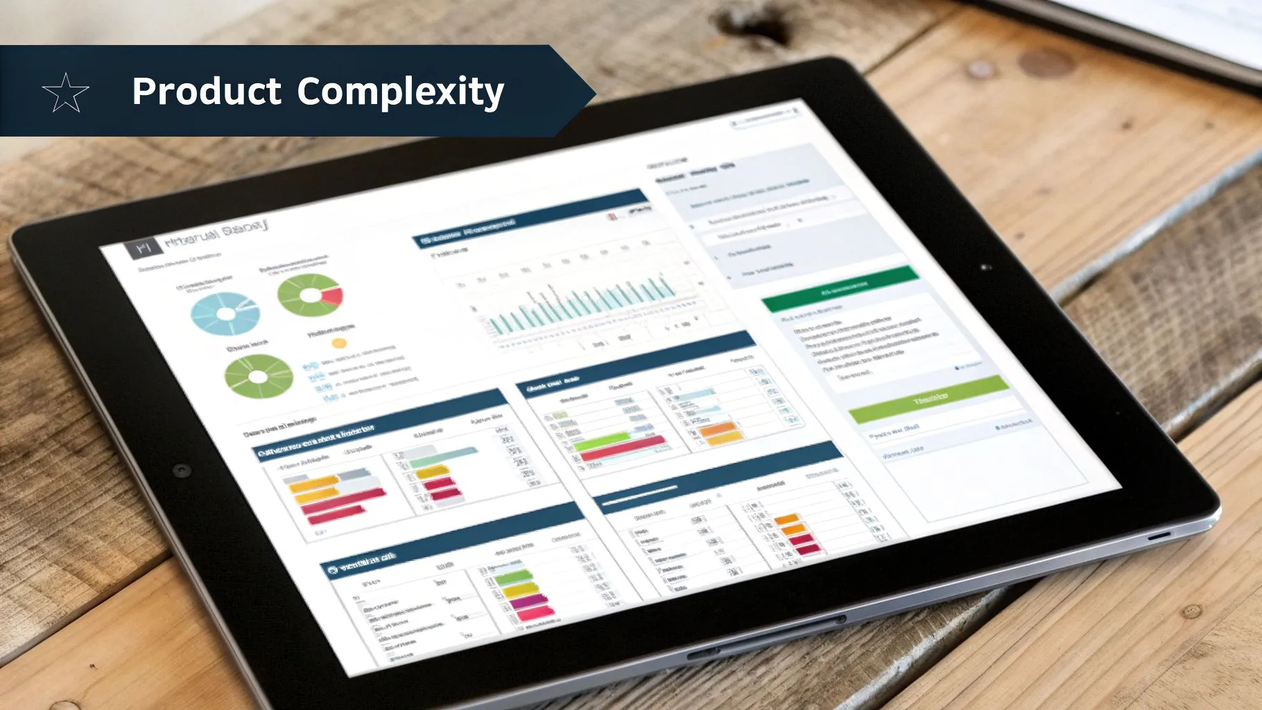 A tablet on a wooden desk displays a data dashboard with charts and product complexity information.