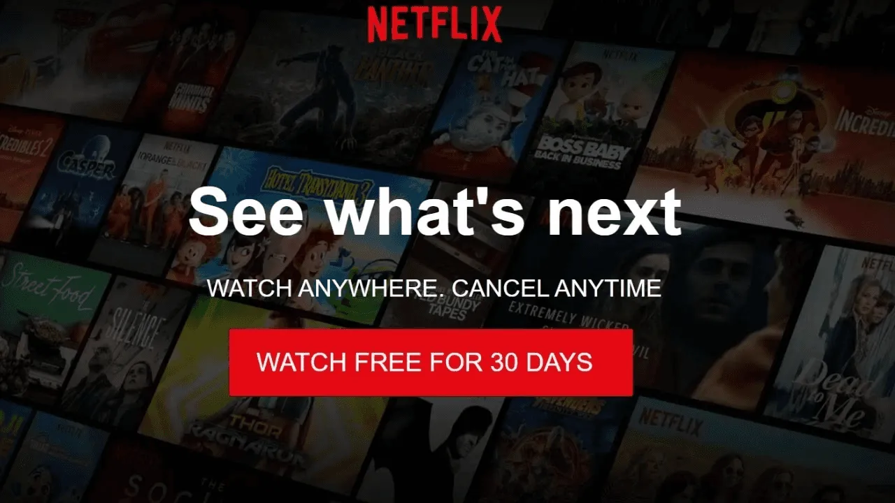 Netflix personalized website header showing dynamic recommendations, adaptive layout, and match scores tailored to user viewing history.
