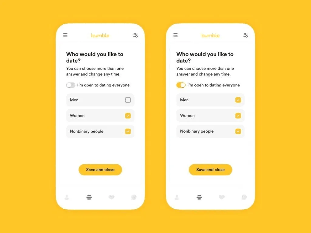 Bumble profile setup screen with expanded gender and pronoun options, showcasing inclusivity in good UX writing examples.