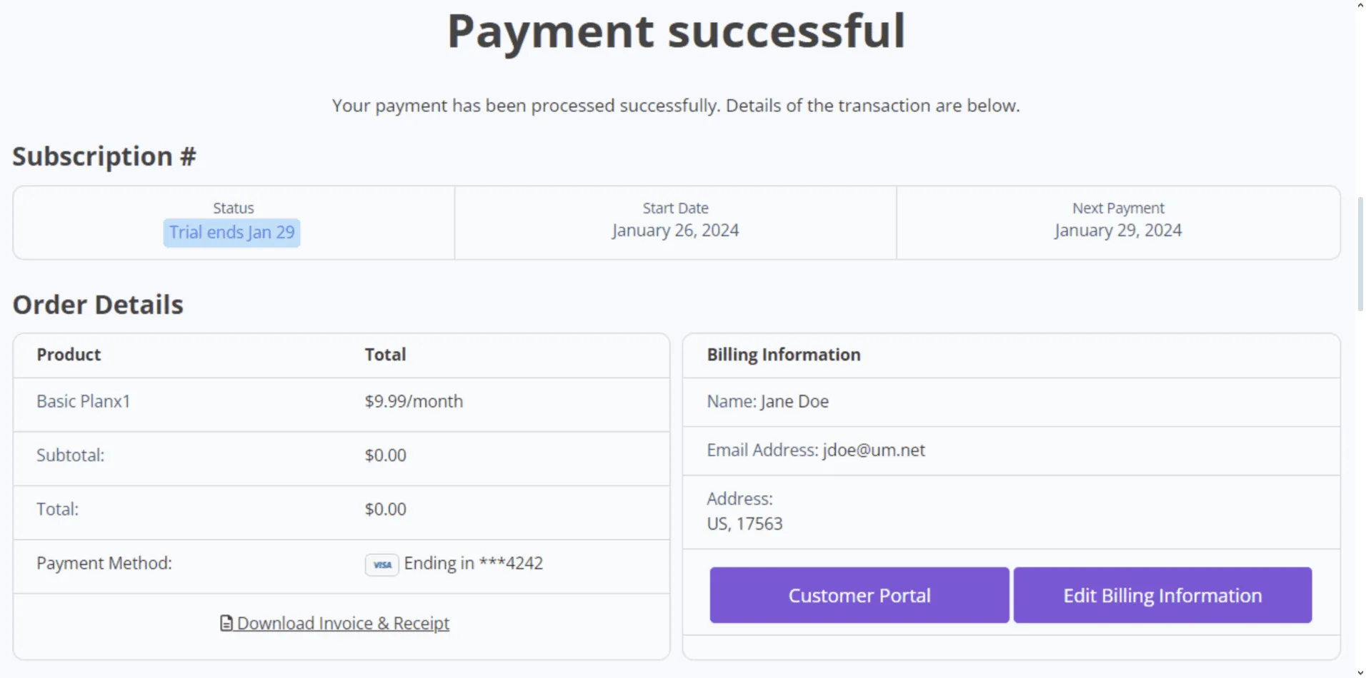 Stripe success message showing precise payment confirmation with transaction ID, amount, and clear CTAs like download receipt.