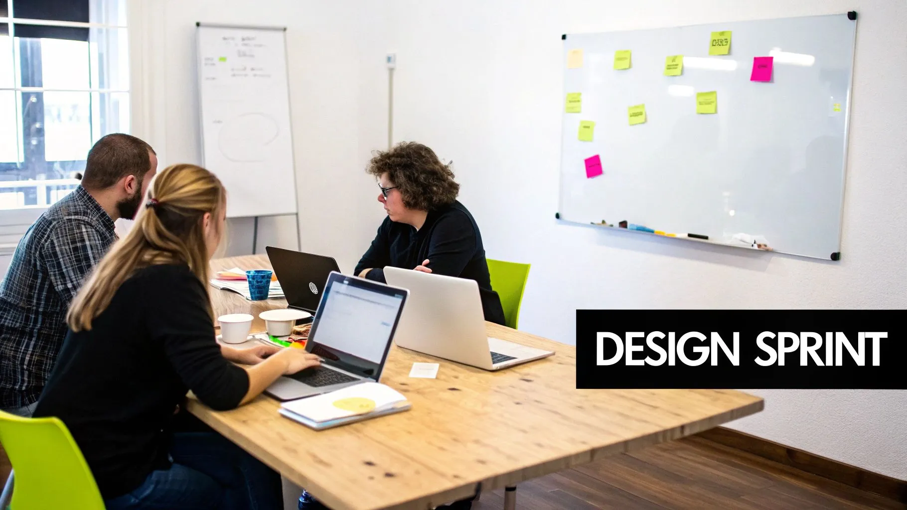 Three people collaborate on laptops at a wooden table during a design sprint session.