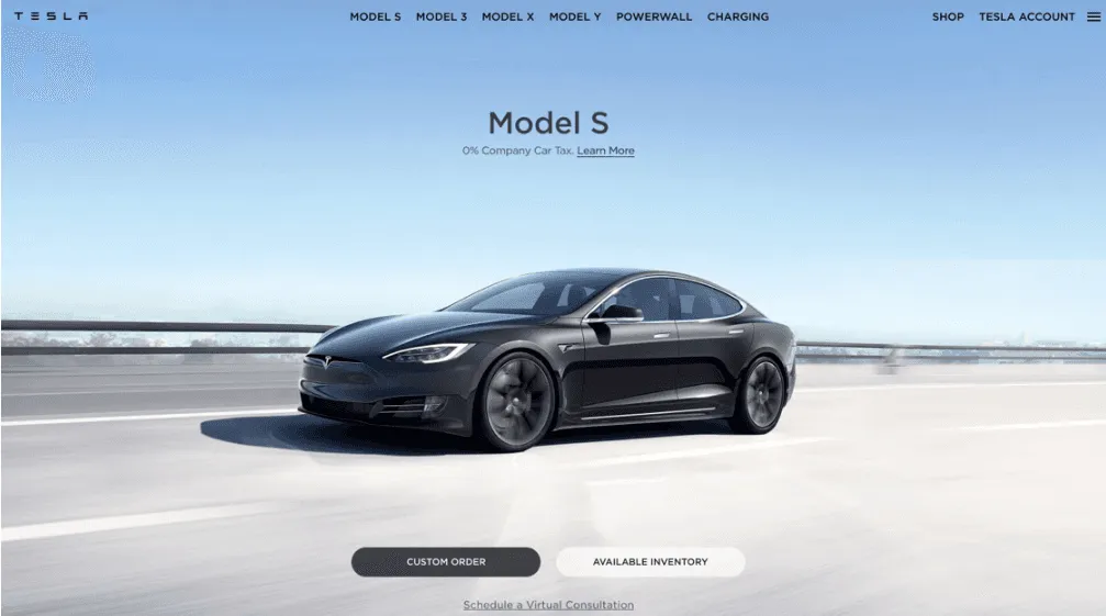 Tesla website header with minimalist three-column layout, sticky navigation, and clear CTAs like Order and Test Drive.