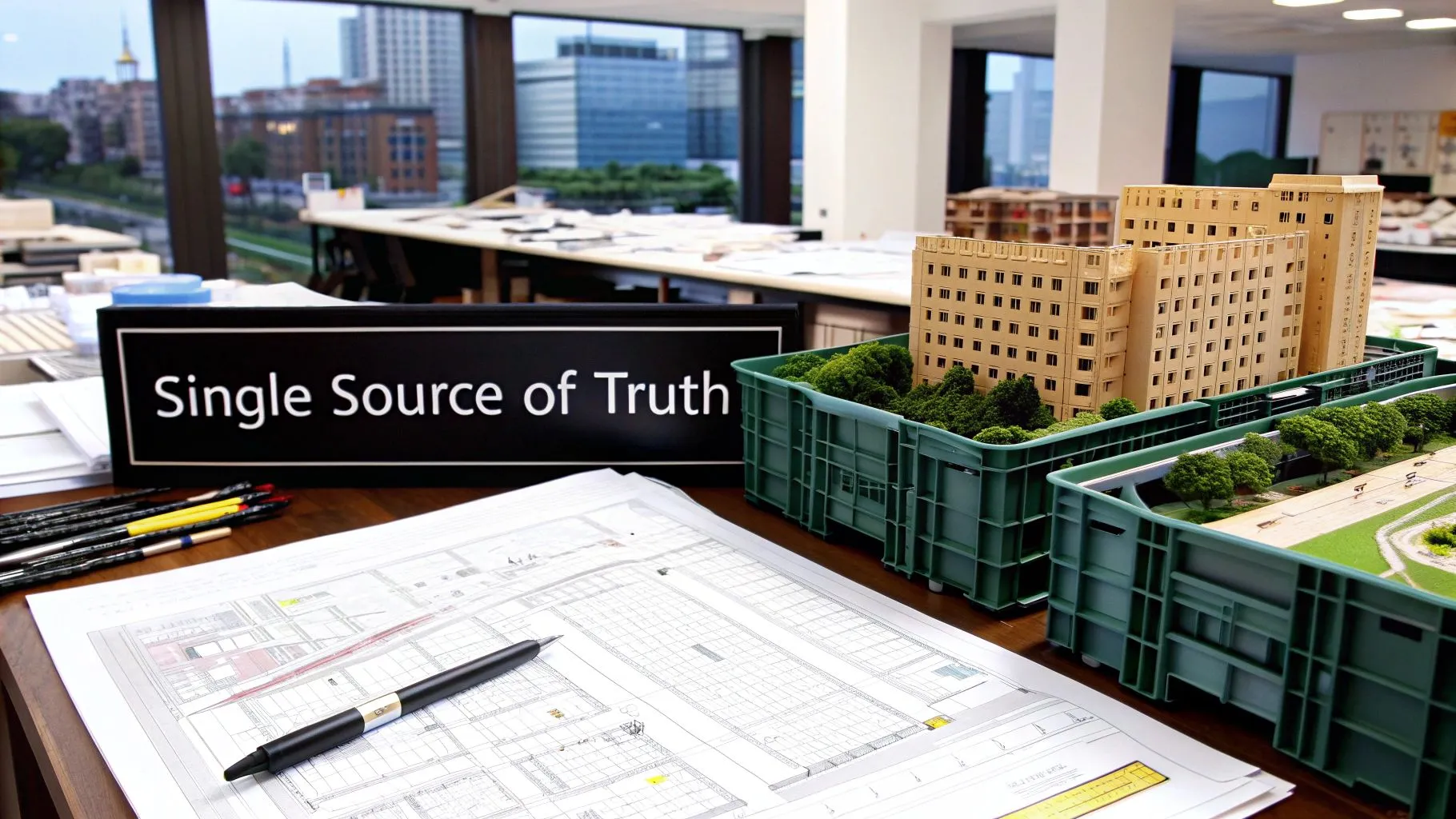 Architectural scale model and blueprints on desk with single source of truth sign in modern office