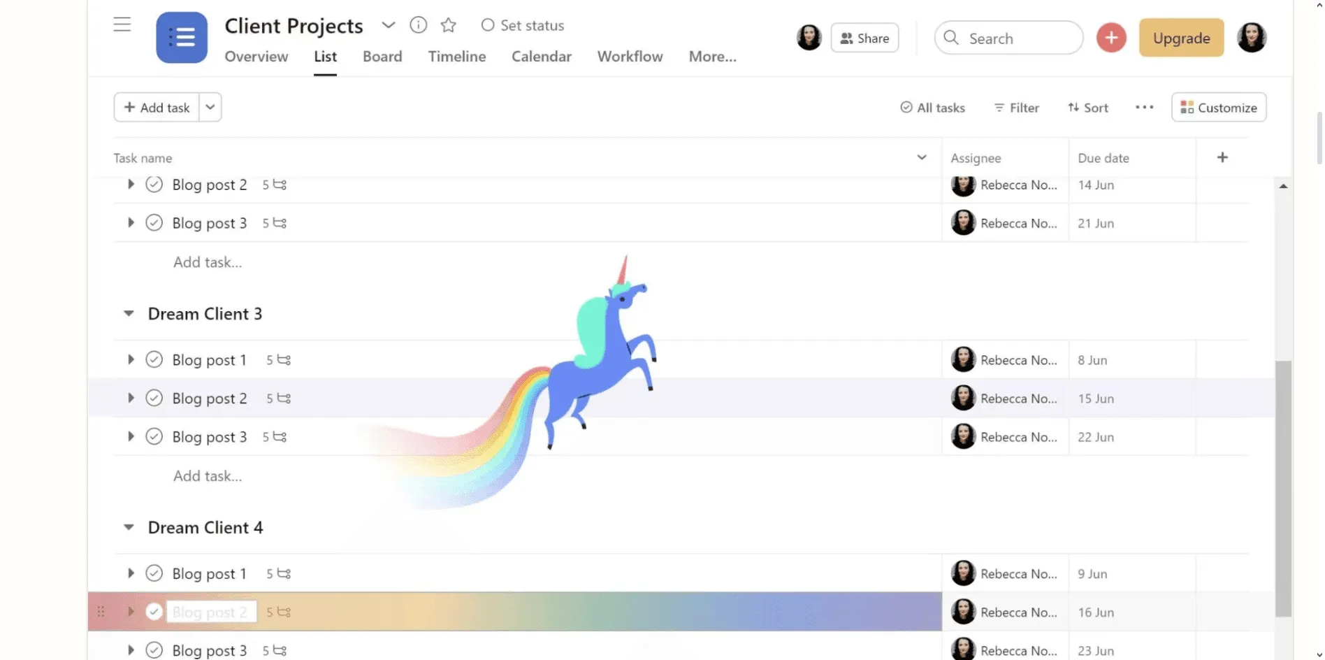 Asana task completion success message featuring whimsical unicorn animation flying across the screen as confirmation.