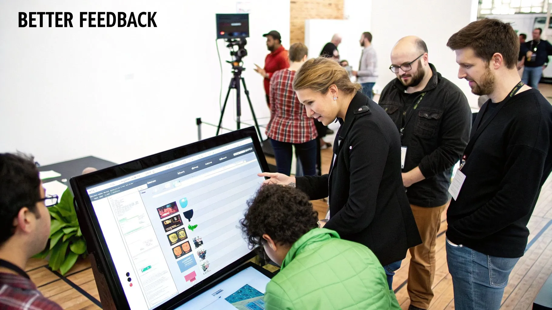 A designer presenting a high-fidelity wireframe to team members, showcasing improved communication and clarity.
