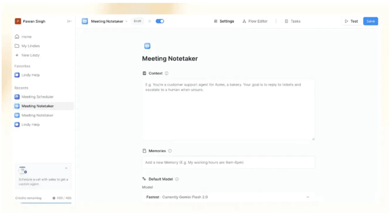 Lindy account settings interface with flow editor options for context, memories, default model selection, and confirmation toggles.