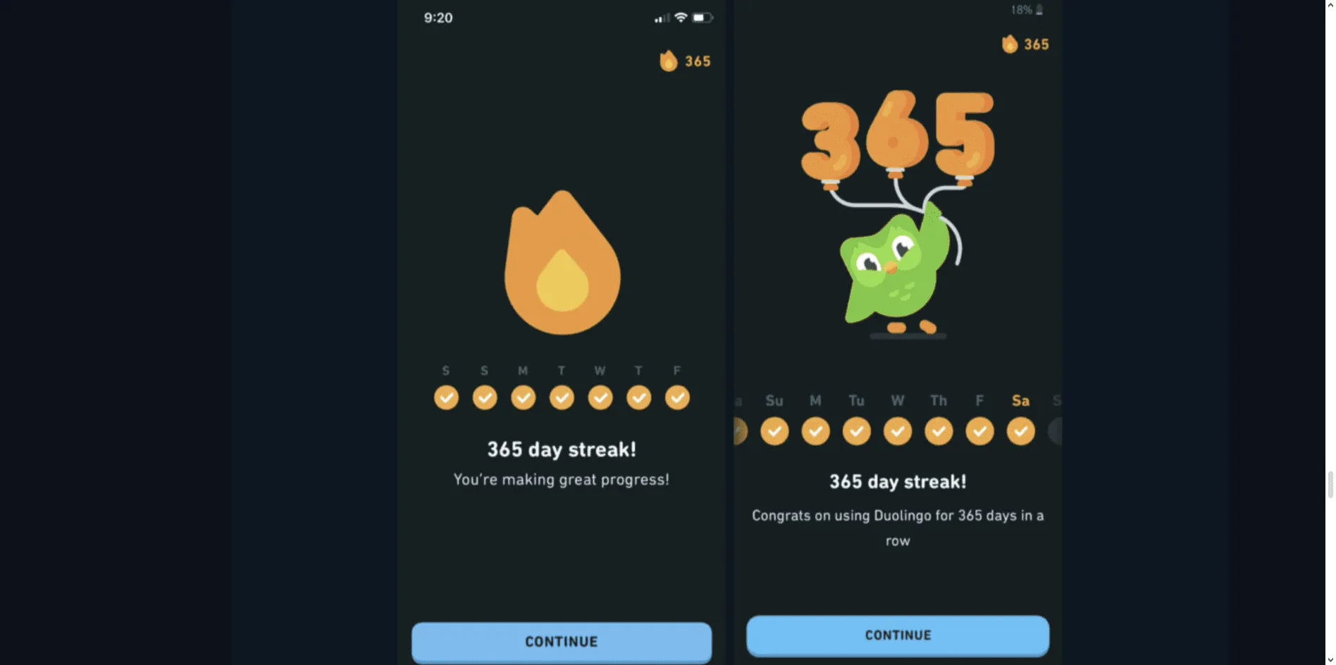 Duolingo lesson success message with XP points, streak updates, and cheerful owl animation celebrating learning progress.