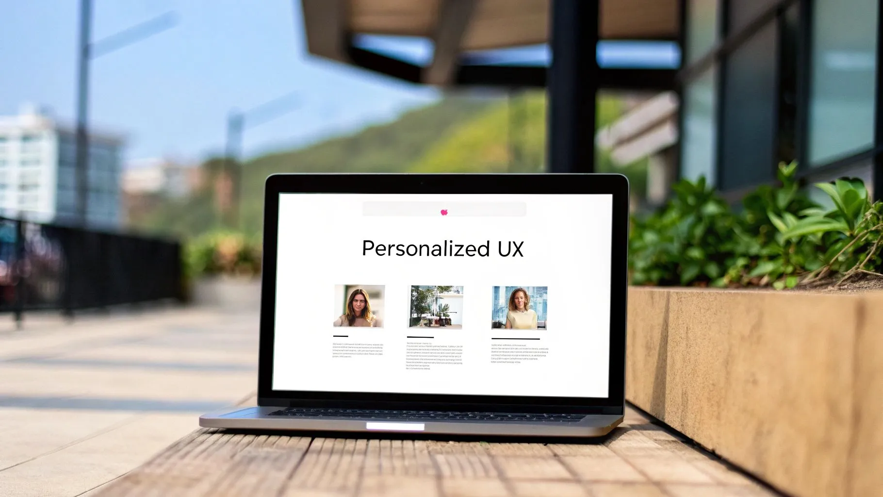 A laptop displaying a 'Personalized UX' presentation on a white screen, set outdoors on a wooden surface.