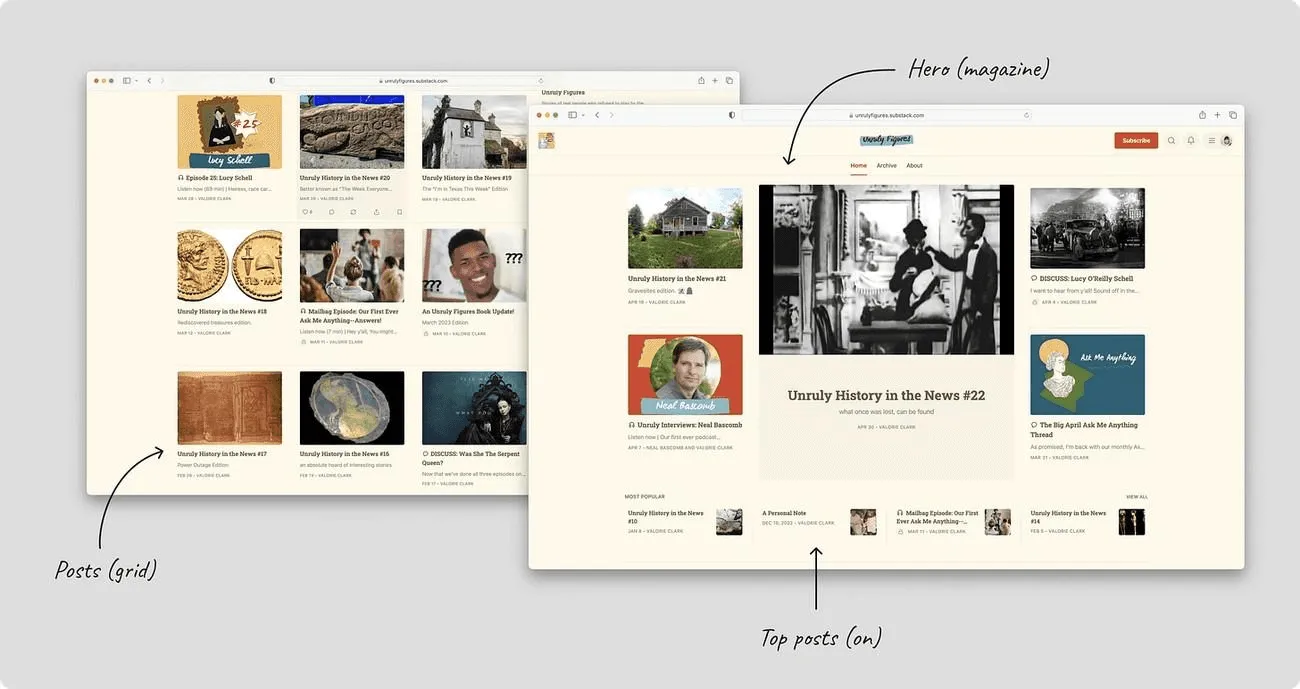 Substack pagination design examples using simple Next and Previous buttons alongside engagement tools like likes and shares.