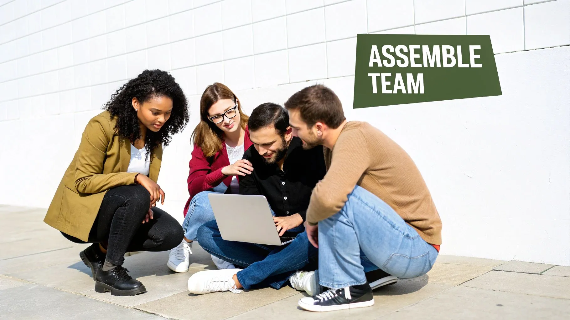 A diverse team of four young people collaborating with a laptop outdoors, against a white wall.