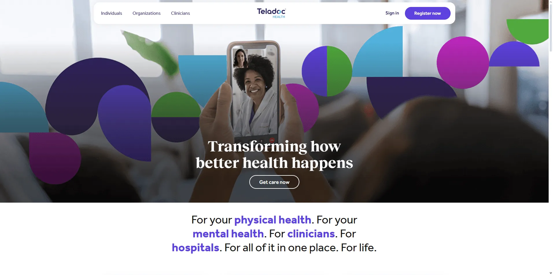 Teladoc Health homepage with virtual care options, member login, and responsive telehealth interface.