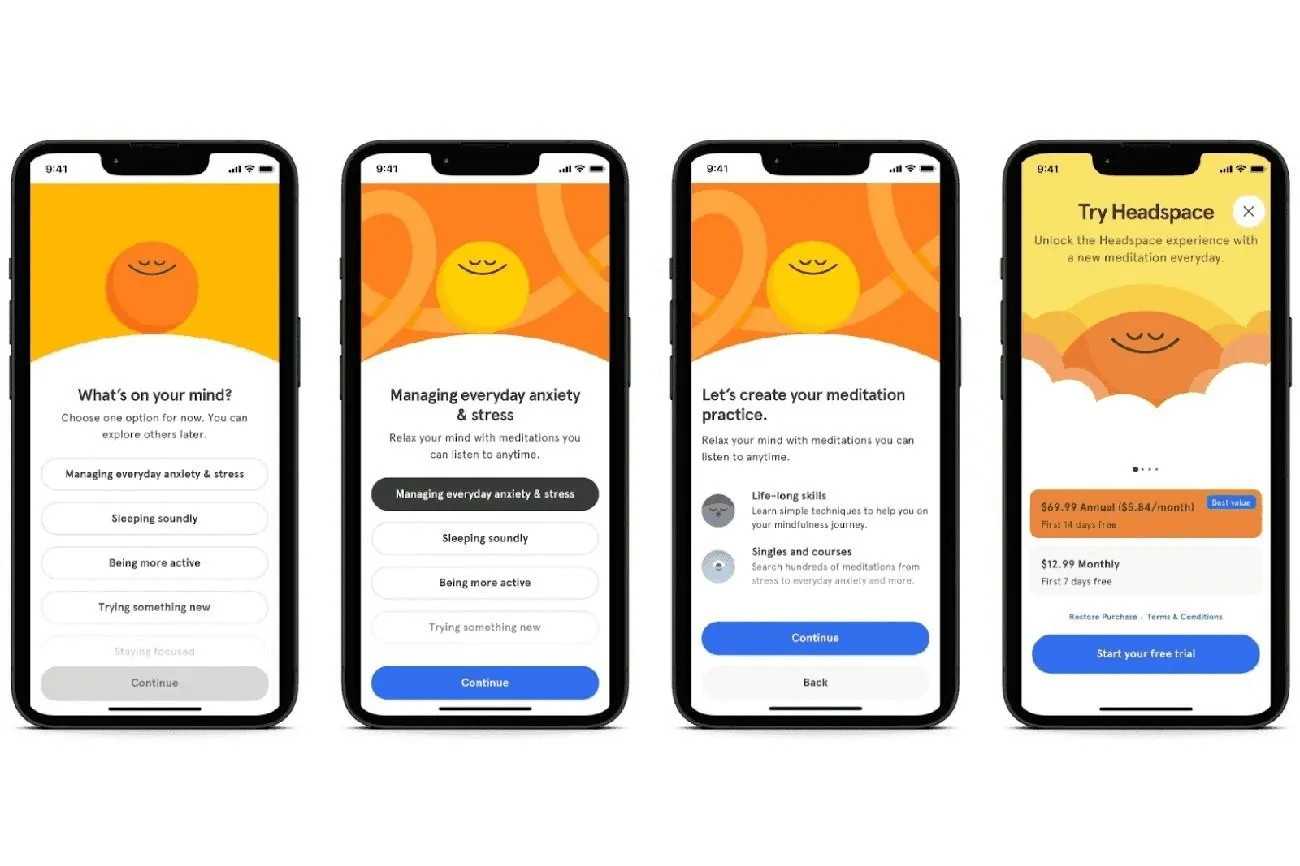 Headspace progress tracker with uplifting copy and minimal visuals, showing motivational design in good UX writing examples.