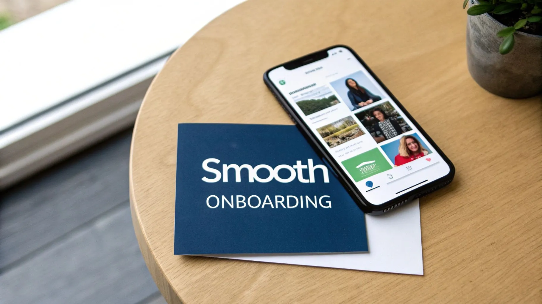 A smartphone displaying an app next to a "Smooth ONBOARDING" booklet on a wooden table.
