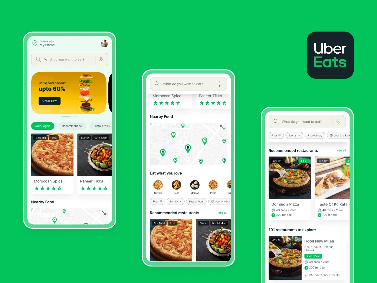 UberEats app screen showing restaurant cards with menus, delivery info, and real-time tracking updates.