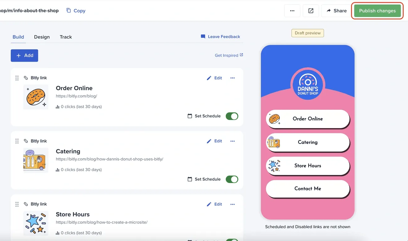 Bitly account settings page with categories for profile info, passwords, email, role-based permissions, and custom branding options.
