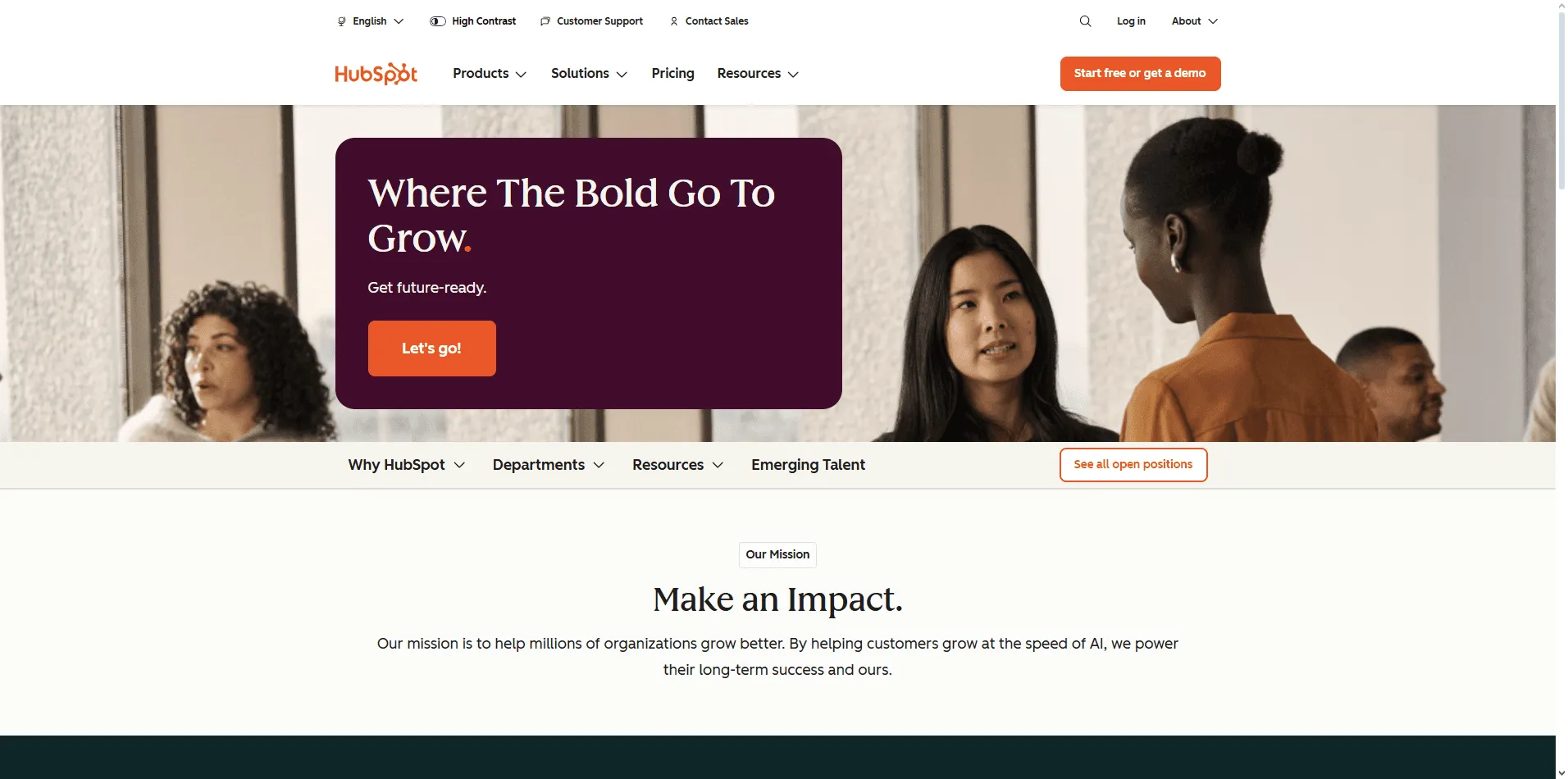 HubSpot careers page showing transparent benefits, application process guidance, and a clean role search interface.