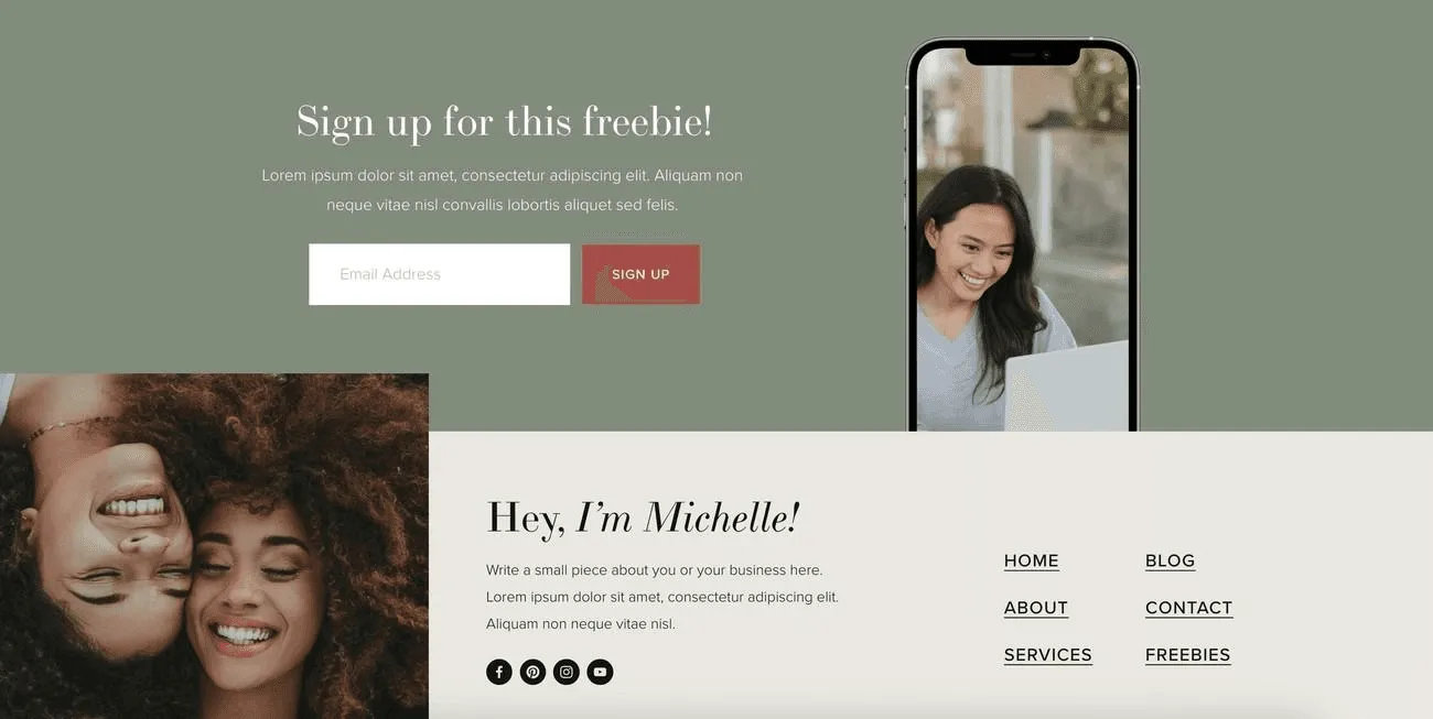 Squarespace website footer featuring customizable navigation, business logo placement, copyright notices, and social media icons in a cohesive layout. 