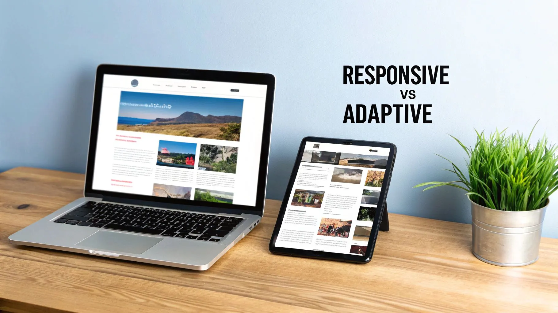 A laptop and a tablet displaying different website layouts, illustrating responsive vs adaptive web design.