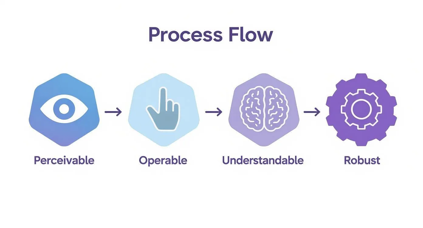Process flow diagram showing four stages: perceivable, operable, understandable, and robust with corresponding icons