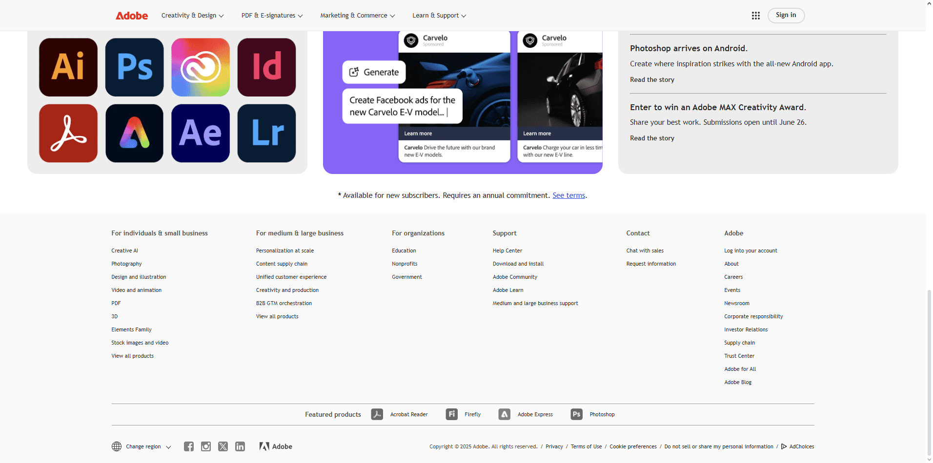Adobe website footer with multiple columns of links, tutorials, community resources, and clear hierarchy separating categories with spacing and fonts.