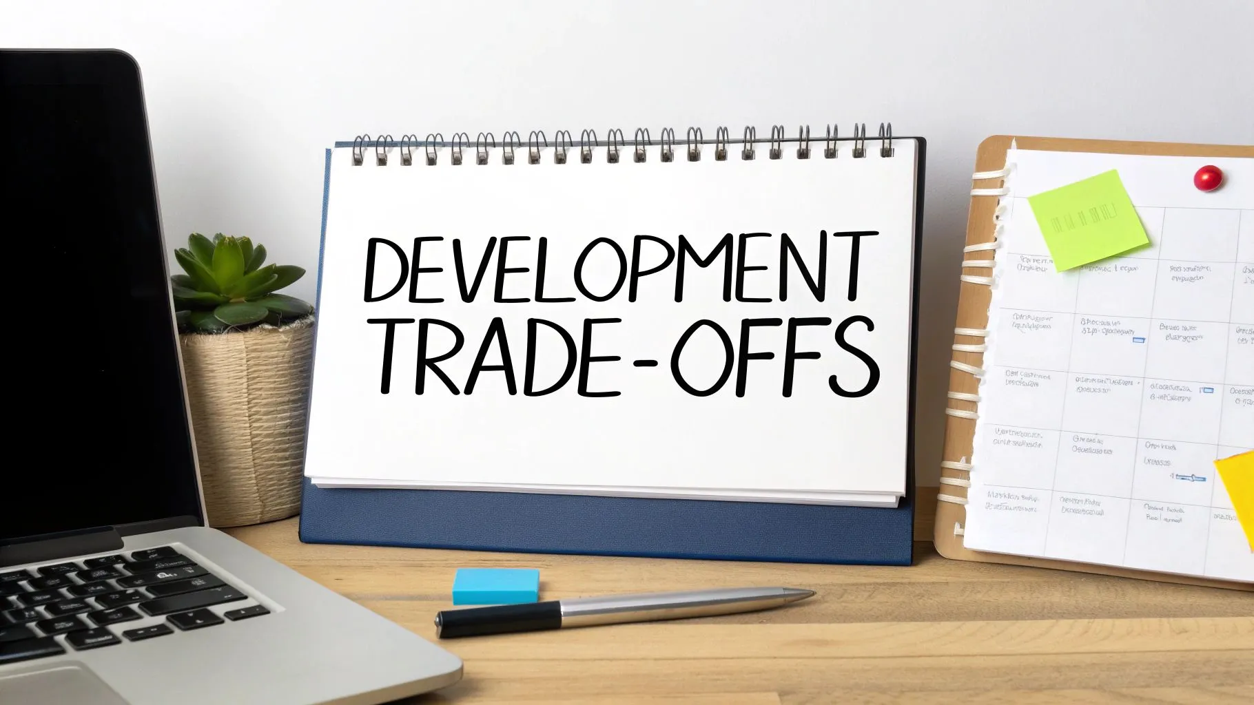A desk setup featuring a notebook with 'DEVELOPMENT TRADE-OFFS' written, alongside a laptop and plant.