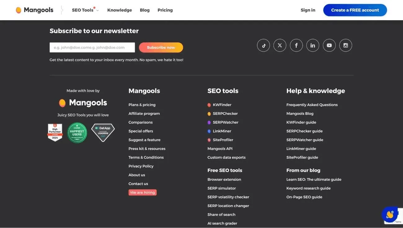HubSpot website footer with organized navigation columns, CRM-driven personalization, subtle CTAs, and consistent branding in orange accents.