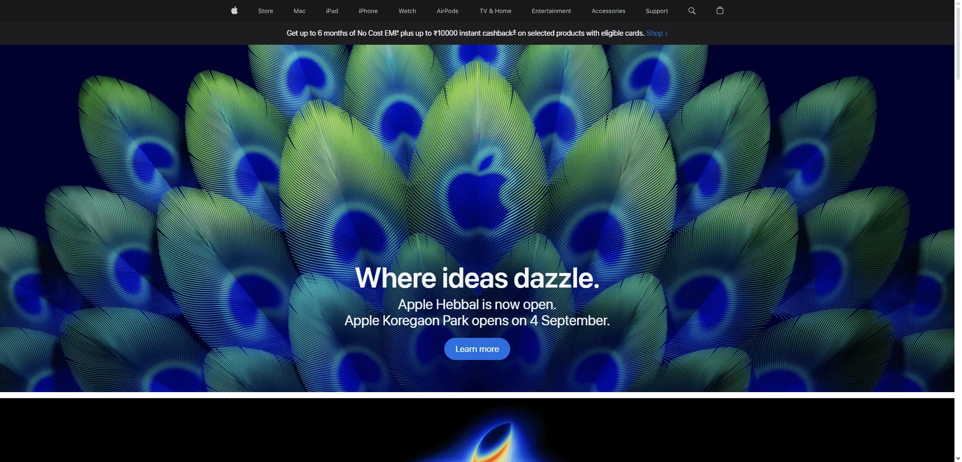Apple website header with slim black navigation bar, product categories, sticky design, and iconic Apple logo.
