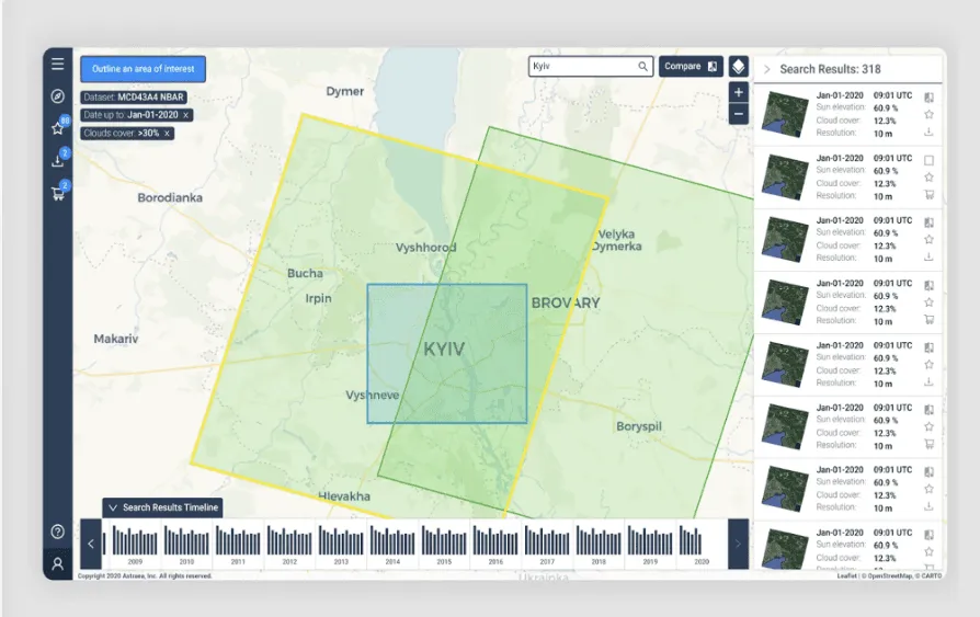 Astraea interactive map with toggleable menus, timeline overlays, and minimal UI panels for layer filtering.