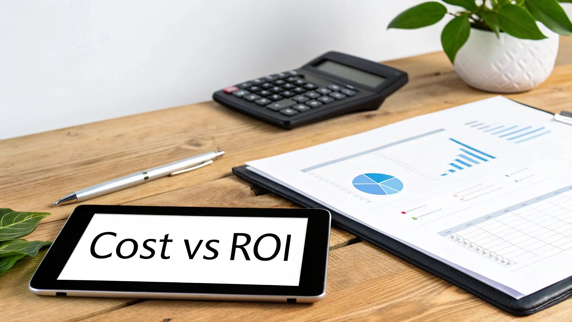 Business desk with tablet displaying cost versus ROI comparison alongside financial charts and calculator