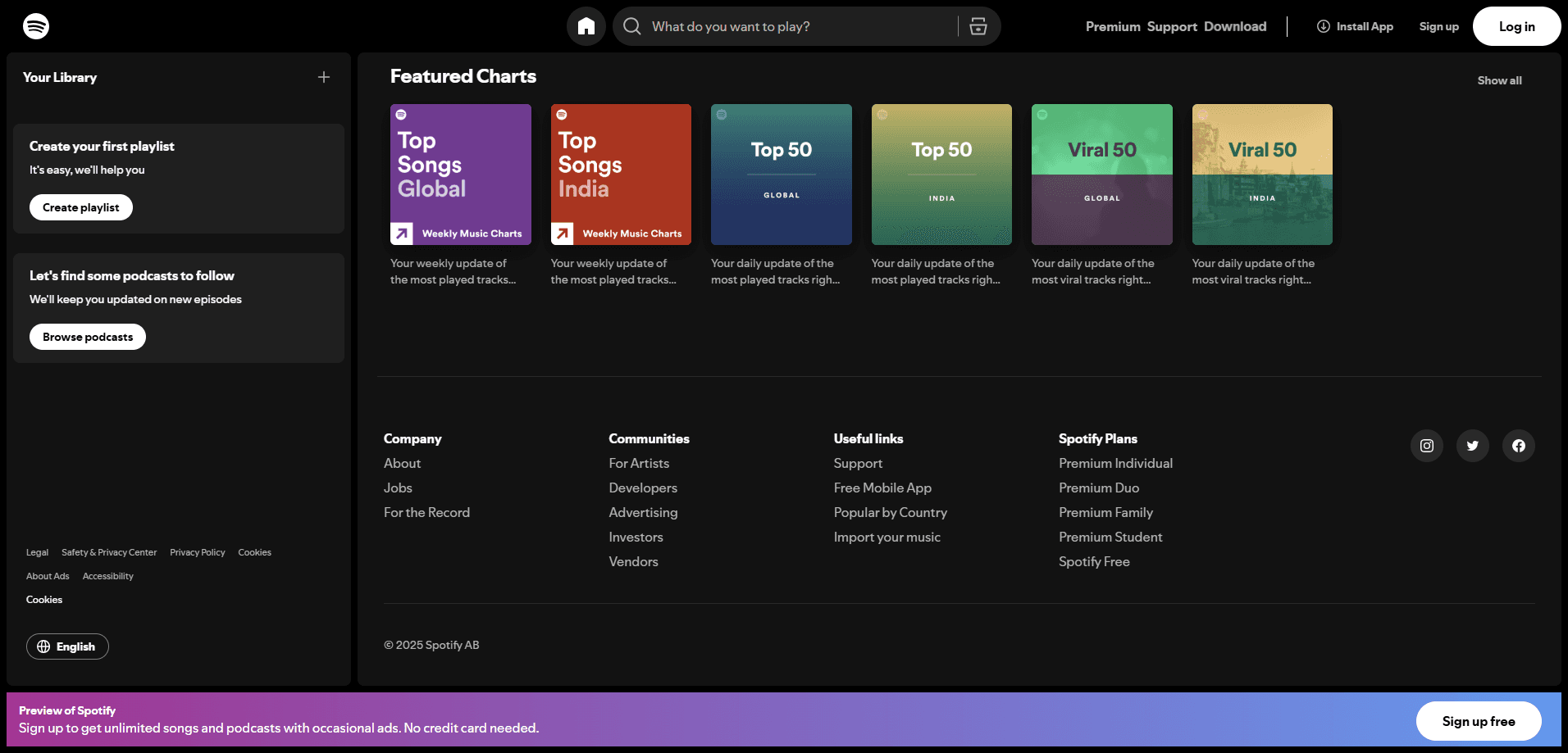 Spotify website footer with black background, green highlights, minimal navigation links, and sticky CTA promoting upgrades.