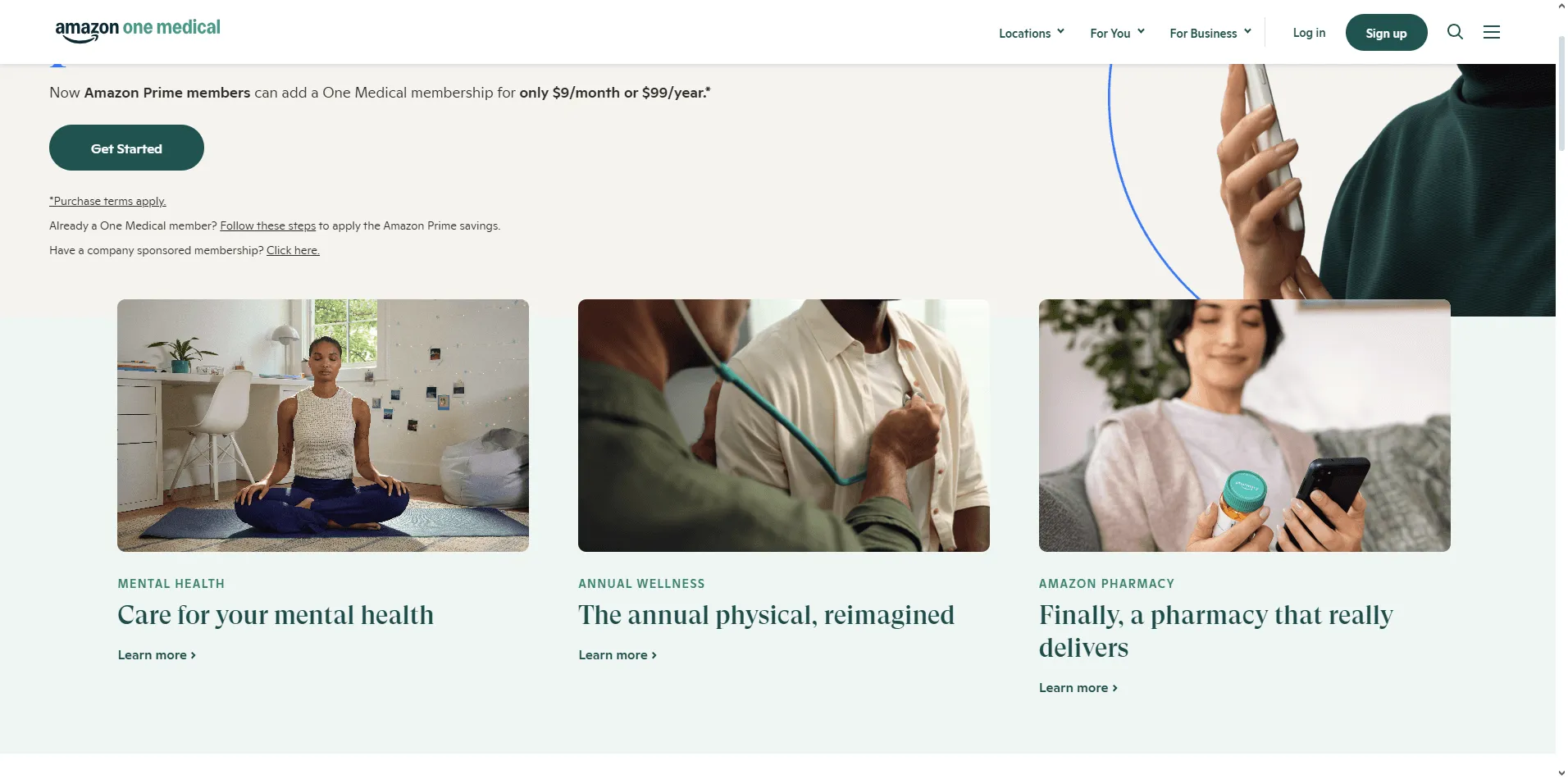 One Medical website showcasing modern visuals, member benefits, and easy access to booking.
