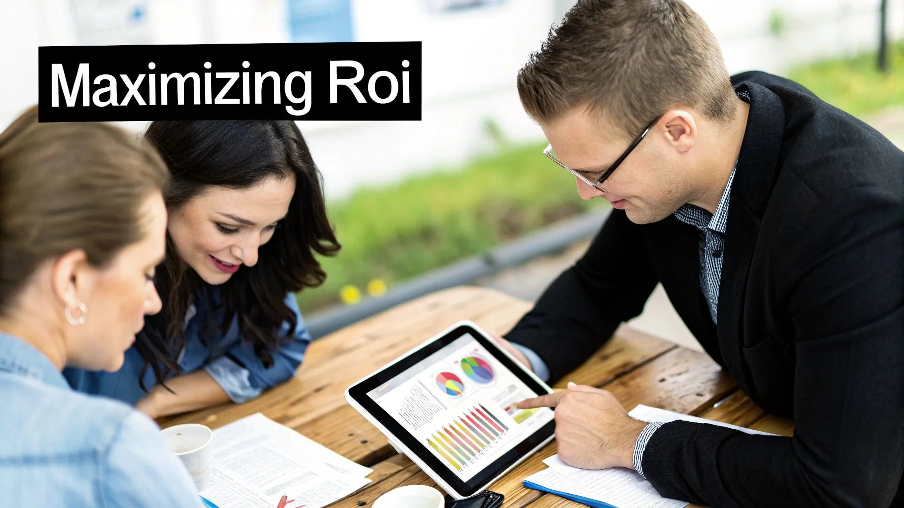 A graph showing positive upward trends on a laptop screen, symbolizing business growth and ROI.
