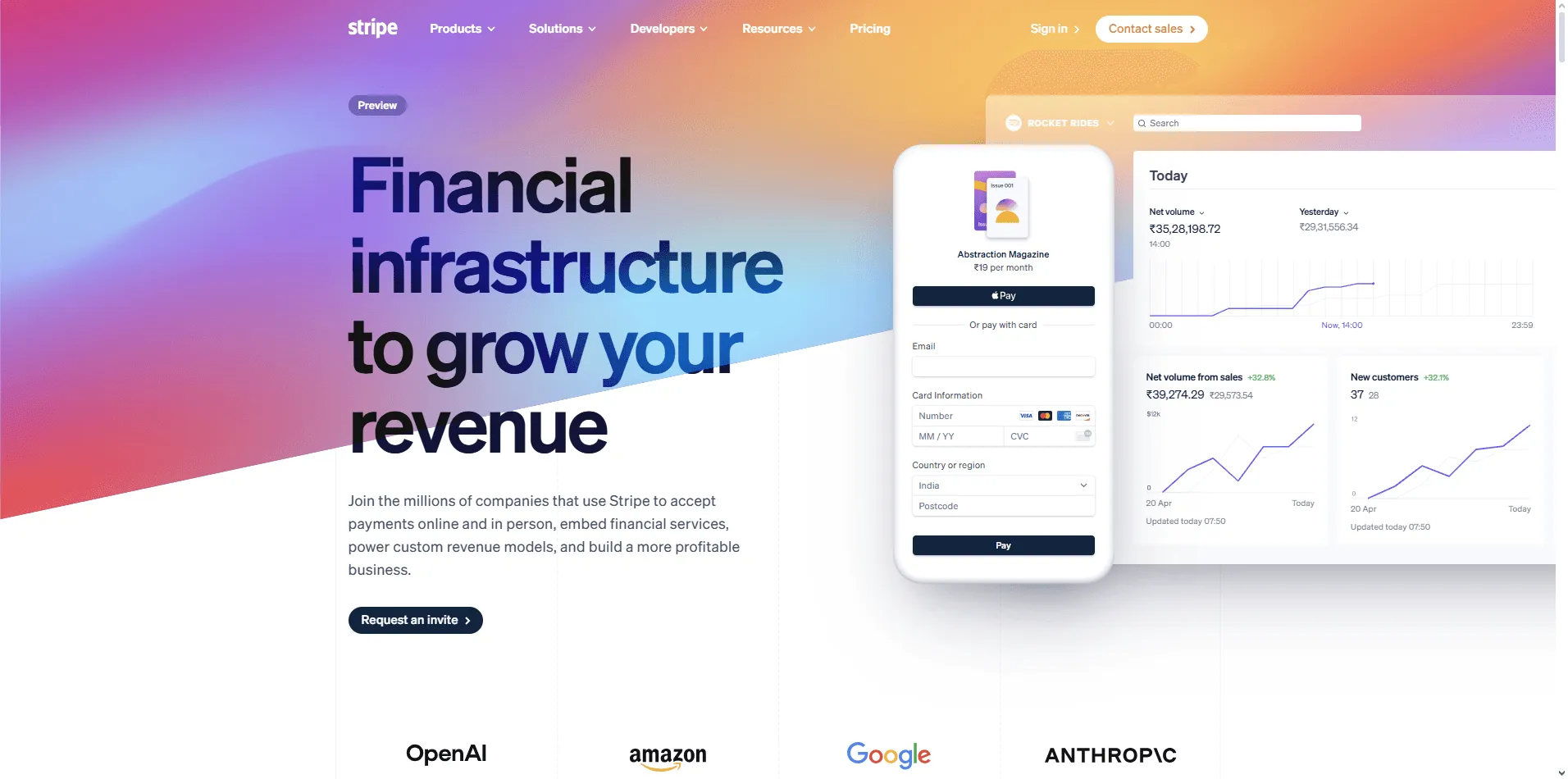 Stripe SaaS website header with slim navigation, product dropdowns, pricing, resources, and a prominent Start Now button.