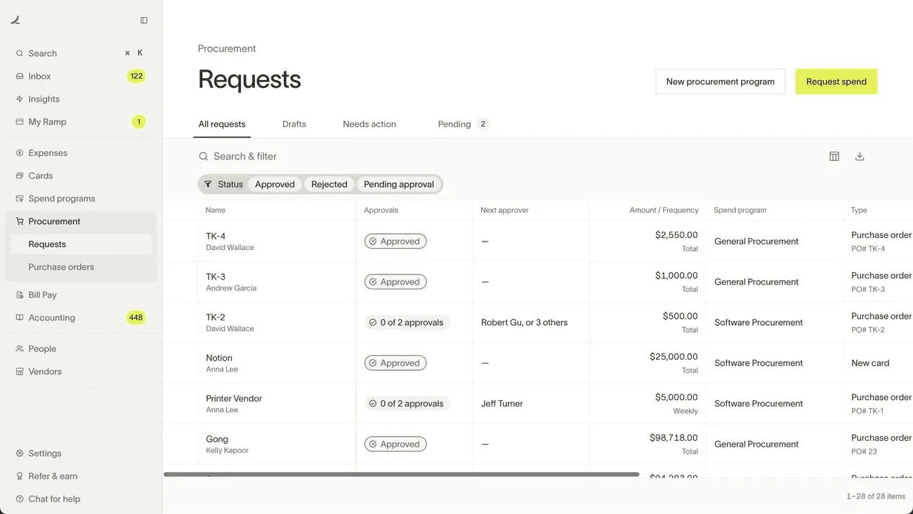 Ramp finance SaaS website with olive-white design, clear value proposition, and dashboard preview.