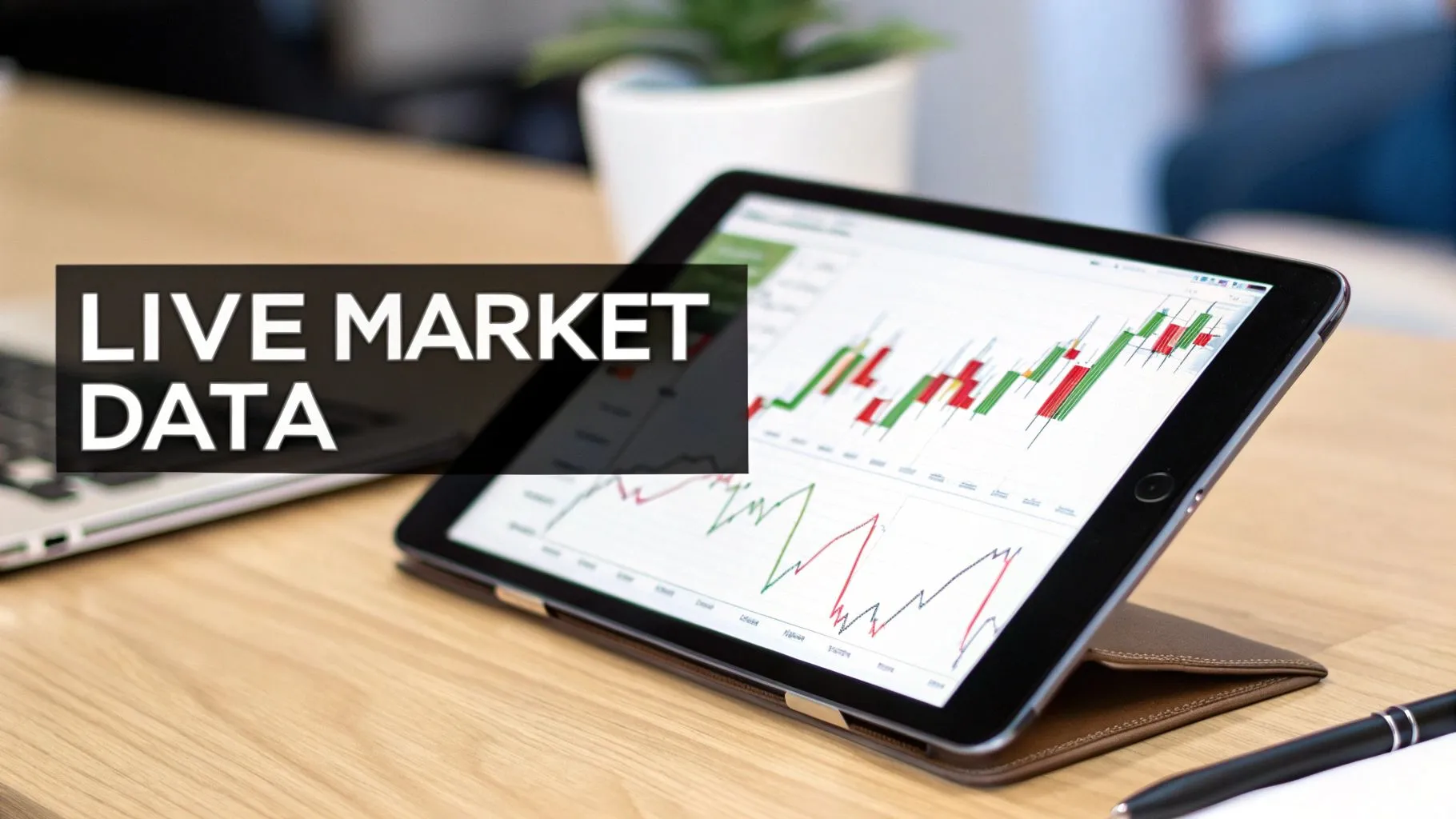 A tablet on a wooden desk displays live stock market charts, with a laptop and pen nearby.