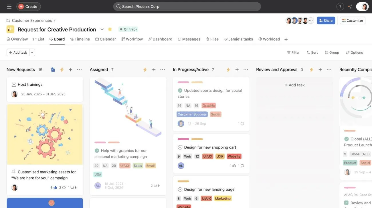 Asana Kanban board with task cards displaying due dates, assignees, and progress indicators.